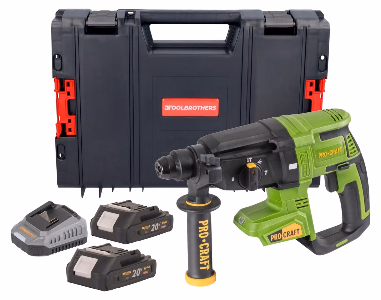 Martello perforatore a batteria Procraft PHA40bb 20 V 2,6 J SDS plus Brushless + 2x batteria 2,0 Ah + caricabatterie + valigetta RHINO