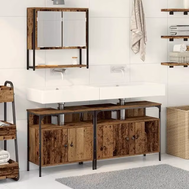 Set di mobili per il bagno moderno vidaXL composto da mobile lavabo, pensile e armadietto con specchio in legno e vetro, colore marrone e nero