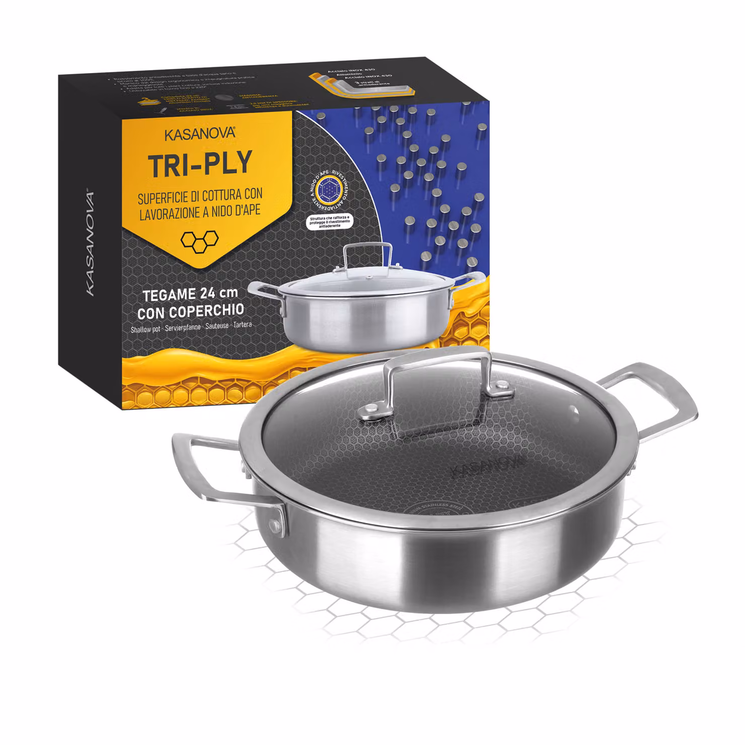 Casseruola Kasanova in acciaio inox e alluminio con coperchio, Diametro: 24 cm, Colore Argento – 2