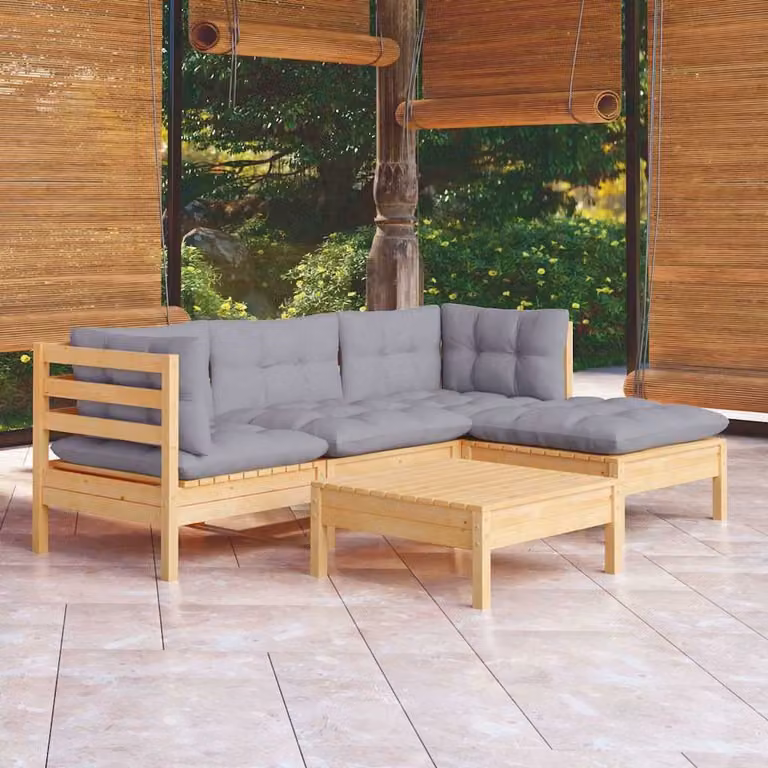 Set Divani da Giardino vidaXL 5 Pezzi a Forma di L in Legno di Pino con Cuscini Imbottiti Grigi