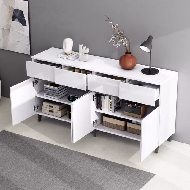 Credenza con 4 cassetti; 2 ante e ripiani regolabili; frontali lucidi bianchi 160 × 40 × 68 cm