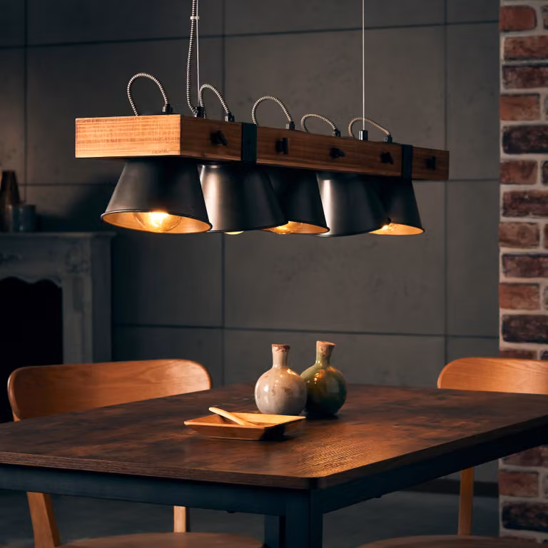 BRILLANTE lampada a sospensione Plow | Plafoniera vintage a 5 luci | acciaio/legno nero | 5x E27 max. 10W | IP20