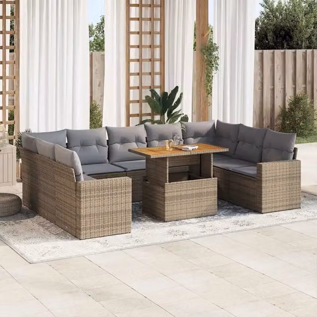 Set Divano da Giardino vidaXL 10 pz in Polyrattan e Legno di Acacia con Cuscini Beige e Grigio – 1