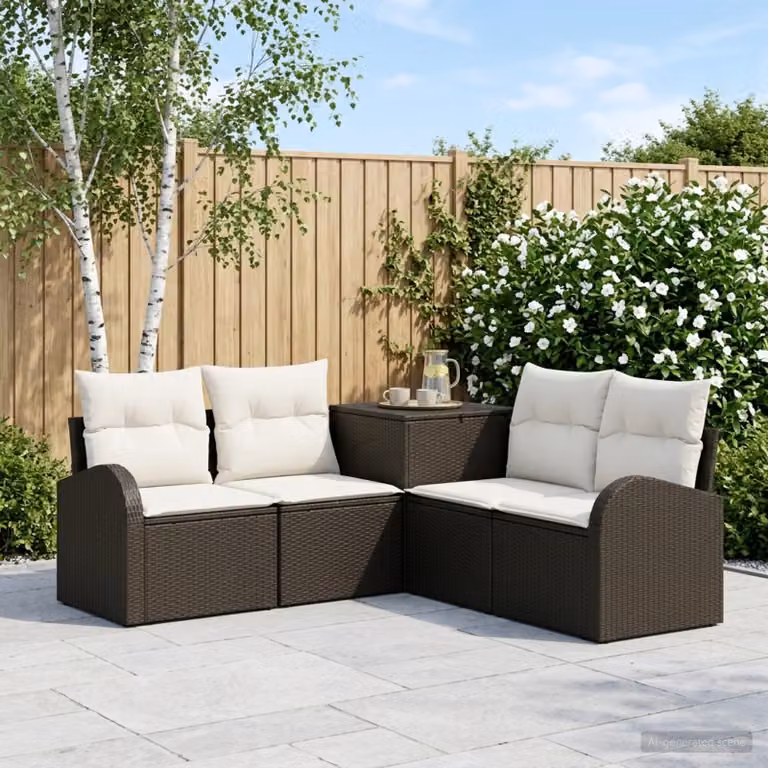 Set di divani da giardino vidaXL a forma di L con 5 pezzi, nero e bianco crema, in metallo e tessuto con cuscini inclusi