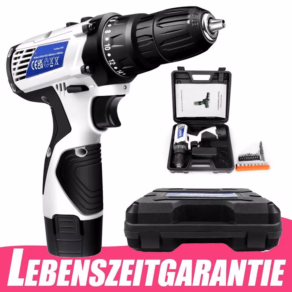 Trapano avvitatore elettrico - Avvitatore a batteria da 12V - Coppia di serraggio di 45 Nm - Set di accessori da 23 pezzi - Luce LED - 2 velocità - Include batteria e custodia