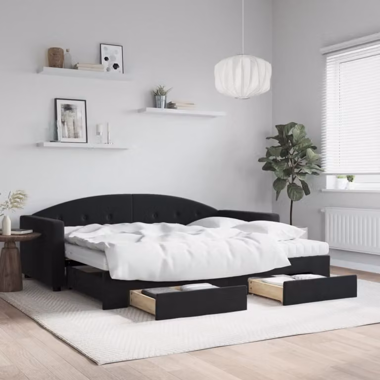 vidaXL Divano Letto Estraibile in Velluto Nero con Cassetti L/P/H: 90 x 200 cm