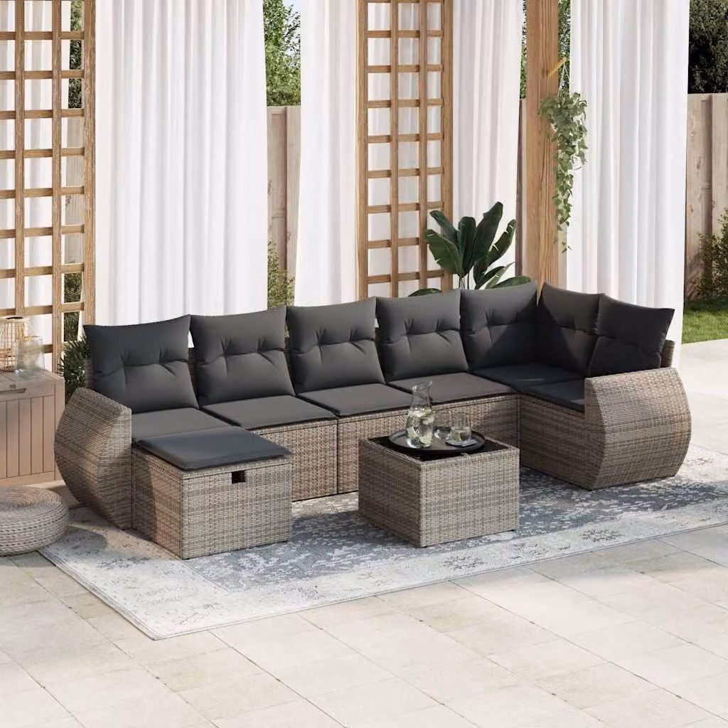Set Divano da Giardino vidaXL 8 pz in Polyrattan Grigio con Cuscini e Tavolino
