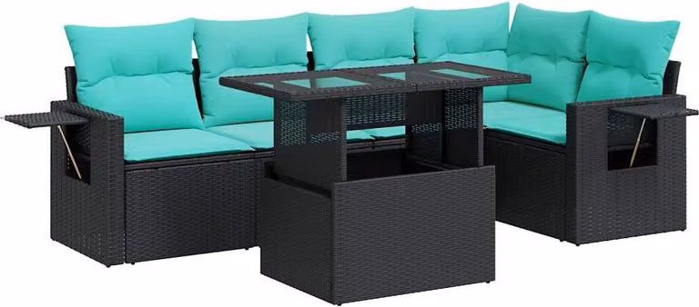 Set Divano da Giardino 6 pz con Cuscini Nero Polyrattan Acacia