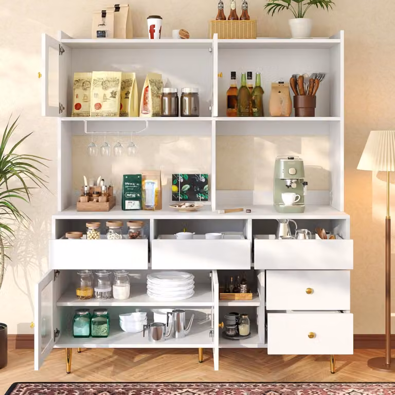 Armadio alto da cucina con porta in vetro e ripiano per bicchieri da vino, 145x39x171 cm, bianco