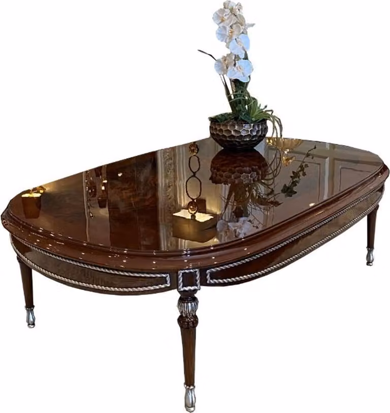 Casa Padrino tavolino barocco marrone / argento 144 x 92 x h. 45 cm - Tavolino ovale in legno massello per soggiorno - Nobile mobile barocco per soggiorno