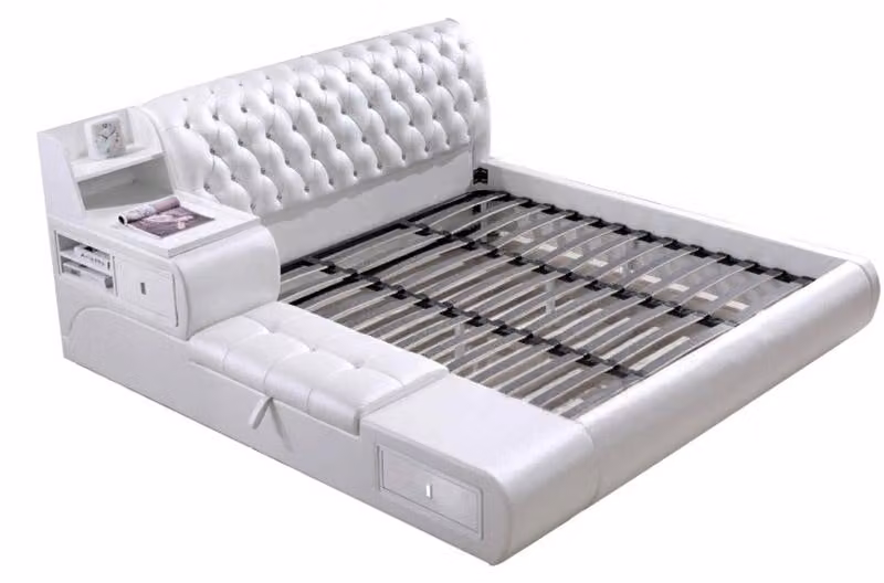 Letto multifunzionale, stile moderno, color beige, struttura in legno, comodo