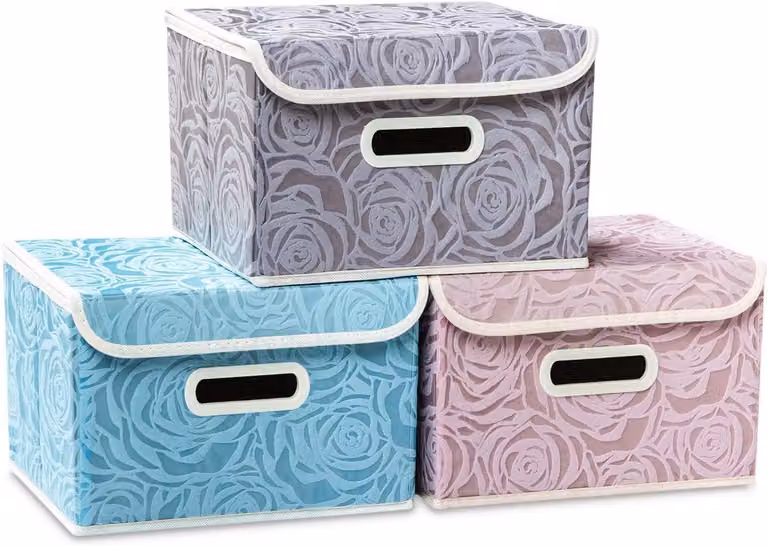 Contenitori in tessuto, pieghevoli, confezione da 3, dimensioni 25x20x17 cm, con coperchio e maniglie, ideali per la camera da letto