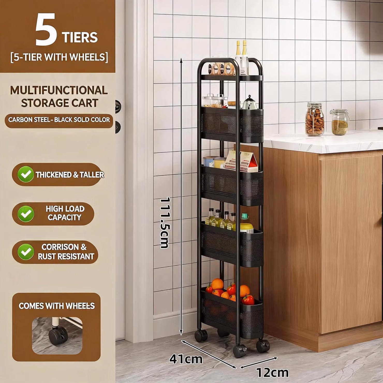 Carrello sottile per lo stoccaggio, con 5 ripiani, 12 cm di larghezza, realizzato in acciaio, con cesti e rotelle girevoli a 360°, colore nero