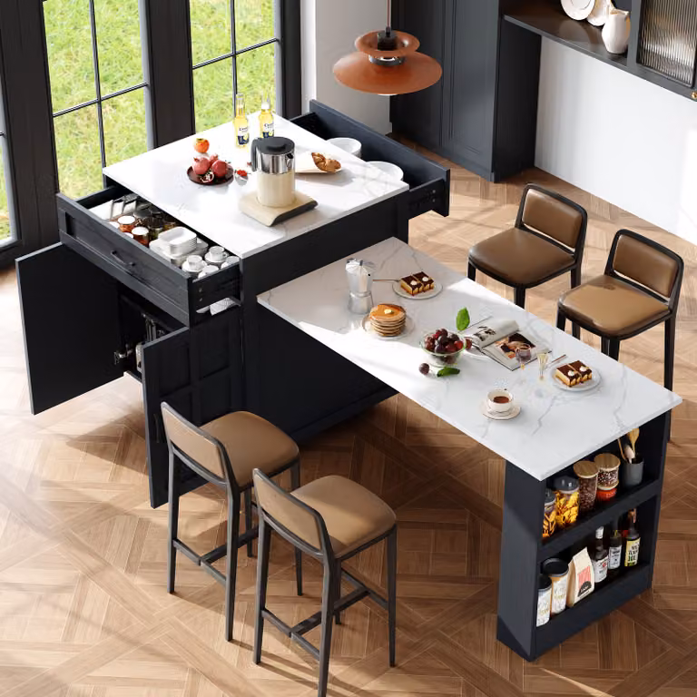 Abrihome Tavolo da pranzo allungabile tavolo bar, tavolo da cucina ad isola allungabile con 2 cassetti e 4 scomparti, tavolo da cucina marmorizzato, nero