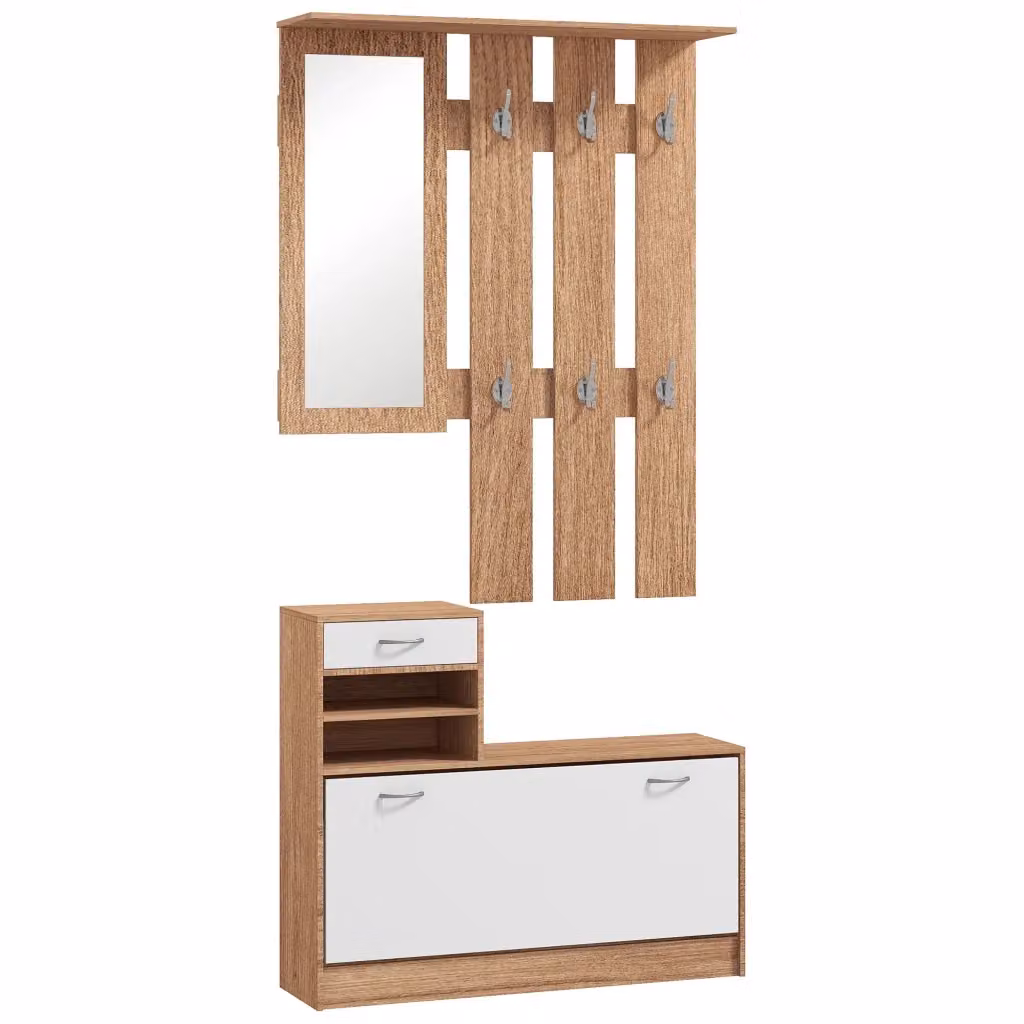 Mobile ingresso Xylo con appendiabiti, scarpiera, specchio e cassetti, bianco e noce, L: 90 cm, P: 24 cm, H: 177 cm – 2