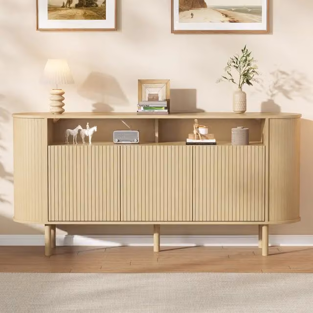 Credenza e madia con 3 ante a onde e vani aperti, per soggiorno, in truciolare, naturale, 160 × 40 × 78,5 cm