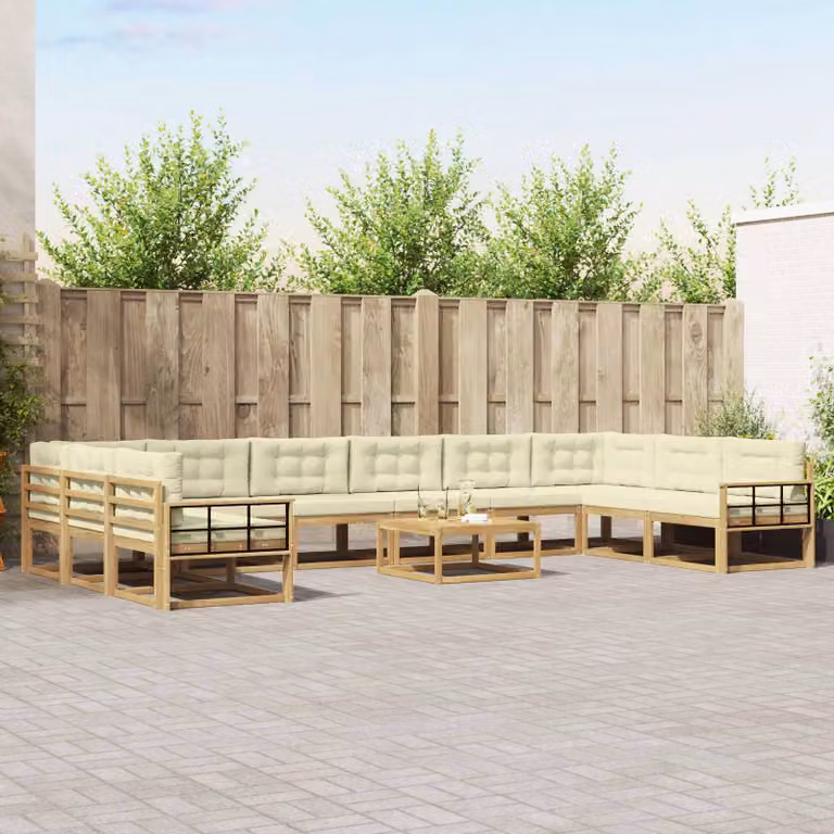 vidaXL Set di divani da esterno a forma di U composto da 11 pezzi in legno di acacia con cuscini in bianco, beige e marrone