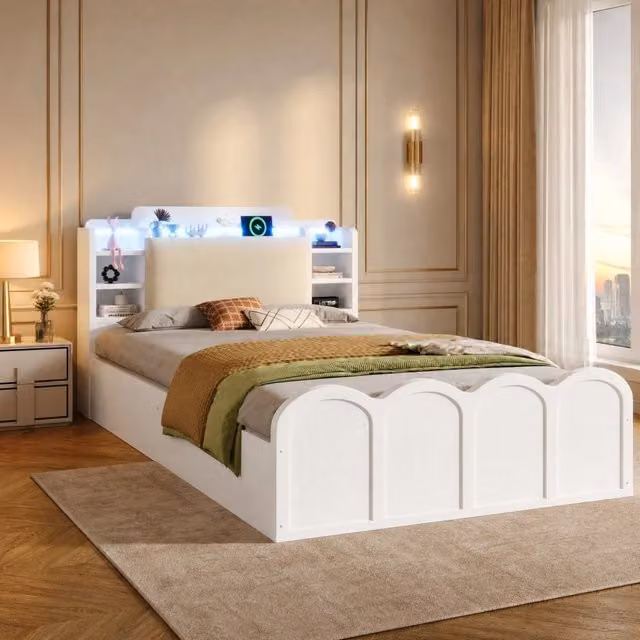 Letto contenitore ULEVR 90x200 cm con LED, USB e USB-C, testiera con vani aperti, bianco