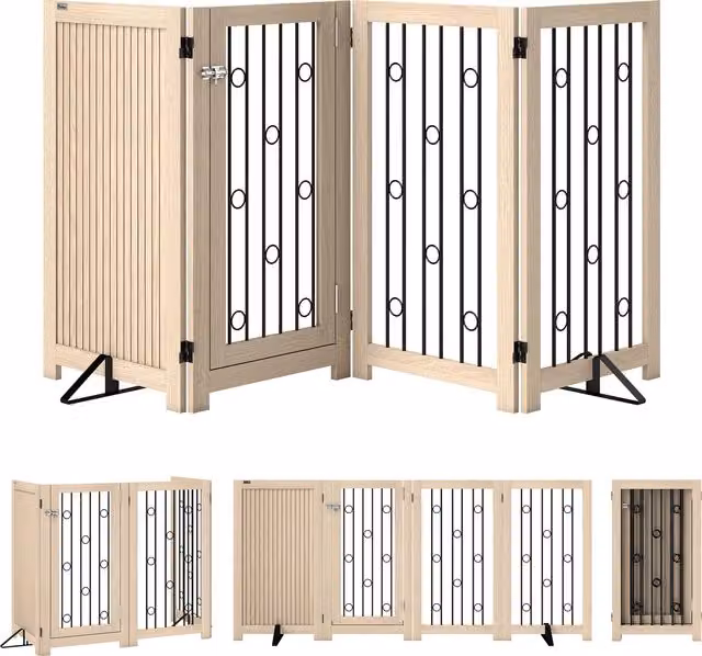 PawHut Cancelletto per Animali con Porta e 4 Pannelli per Corridoio e Scale, in MDF e Acciaio, Rovere, Aosom