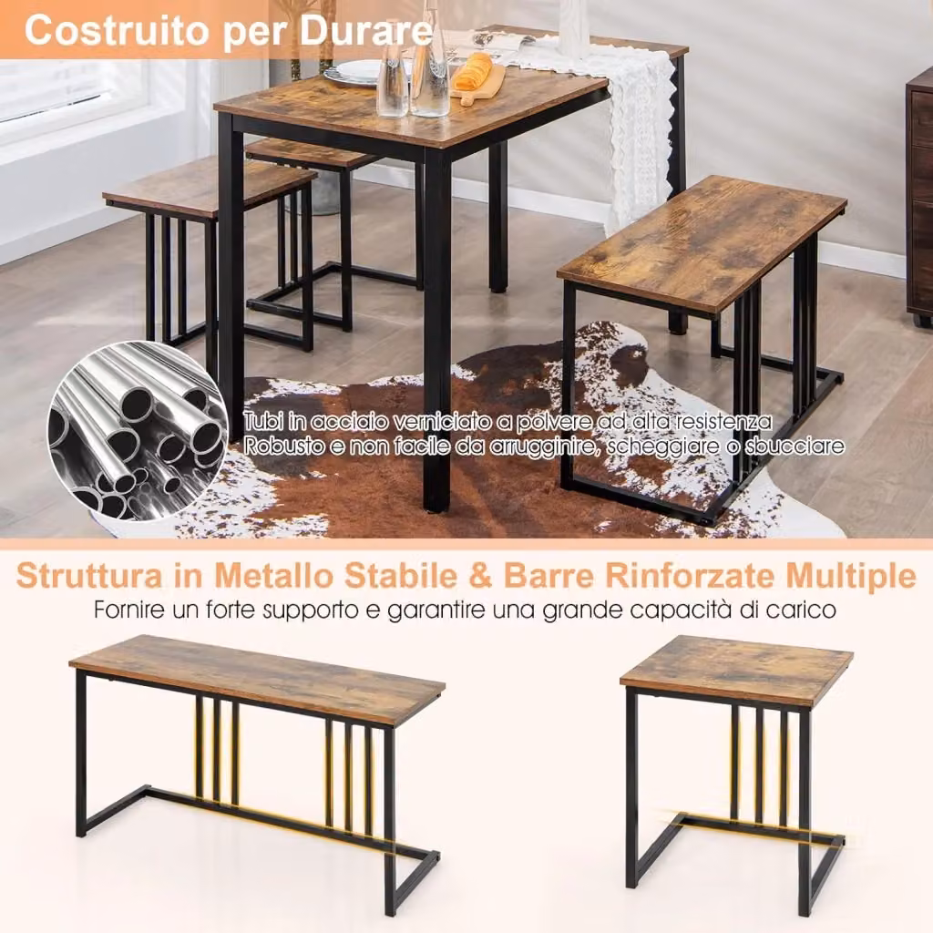 Set Tavolo da Pranzo 4 Pezzi Costway in Stile Industriale con Panca e 2 Sgabelli, Colore Marrone e Nero, L/P/H: 120 x 60 x 74,5 cm – 2