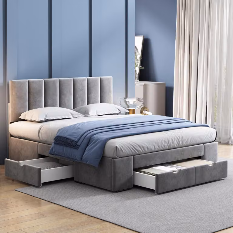 Letto imbottito 140 x 200 cm con 4 cassetti, testiera imbottita regolabile, rete a doghe e rivestimento in velluto, colore grigio