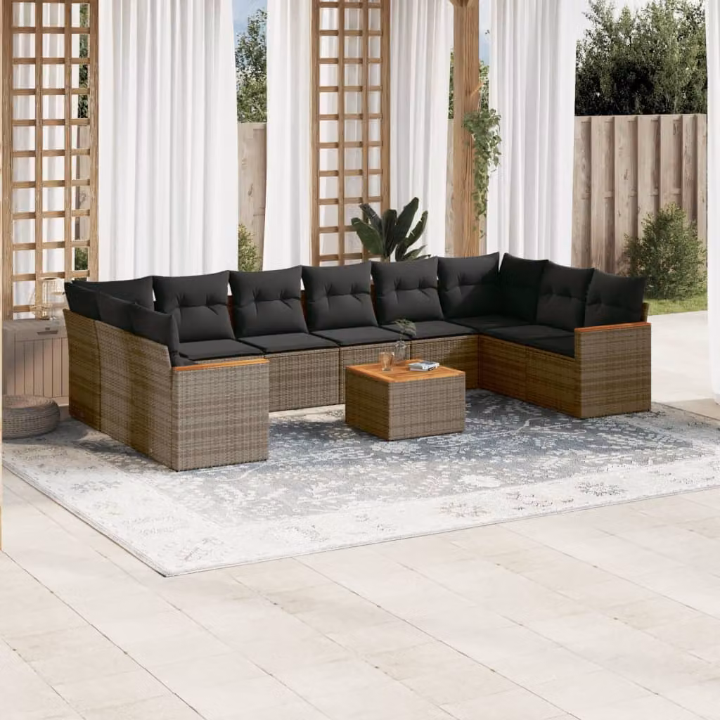 Set di divani da giardino vidaXL 11 pz in rattan grigio con cuscini e tavolino da esterno a forma di L – 1