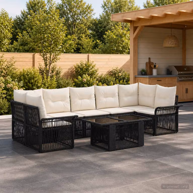 Set Divano da Giardino vidaXL 8 pz a L con Tavolino, Polyrattan e Struttura in Acciaio, Colore Nero e Bianco Crema