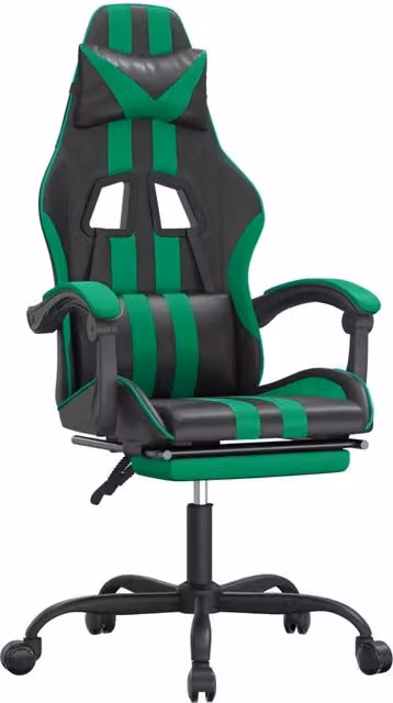 Sedia da Gaming Sportiva in Similpelle con Poggiapiedi e Poggiatesta, Nero e Verde, H 121 x L 59,5 x P 57,5 cm