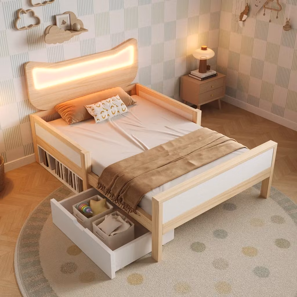 Letto per bambini REDOM con testiera a forma di gatto, illuminazione LED RGB e cassetti, bianco e rovere, L/P/H: 196 x 90 x 94 cm – 2