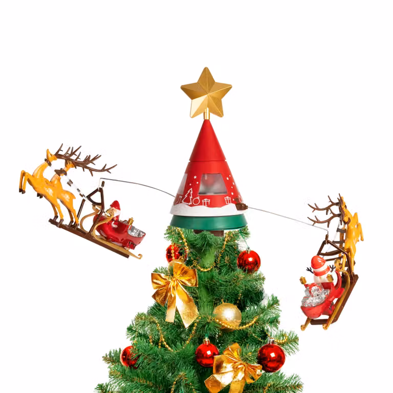 Puntale Rotante per Albero di Natale VESTIAMO CASA con Slitte di Babbo Natale, Stella LED, Musica e Alimentazione USB, H 65 cm x L 41 cm