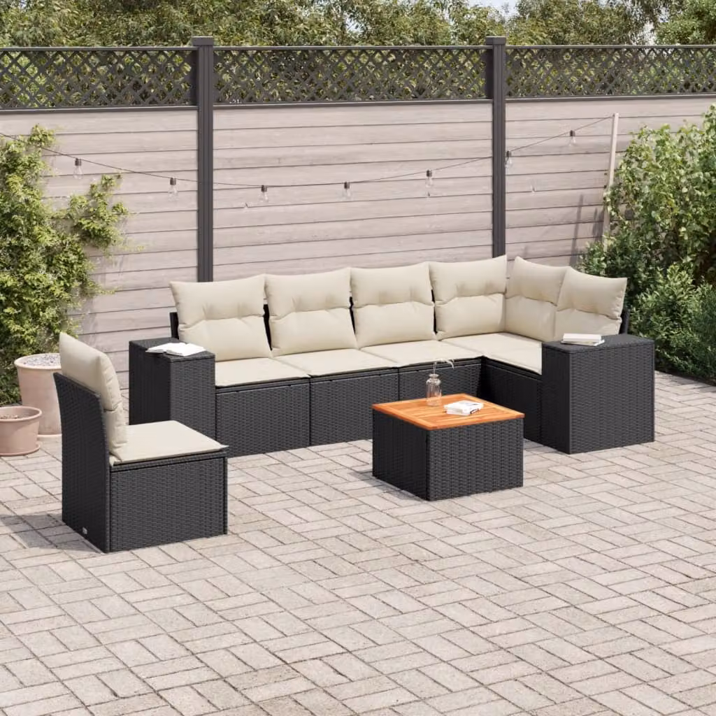 Set di divani da giardino vidaXL a forma di L in polyrattan nero con 7 pezzi e cuscini inclusi – 1