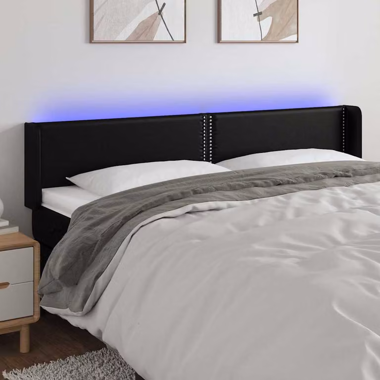 Testiera per letto vidaXL in similpelle nera con illuminazione LED e porta di ricarica USB, L: 183 cm, P: 16 cm, H: 78-88 cm