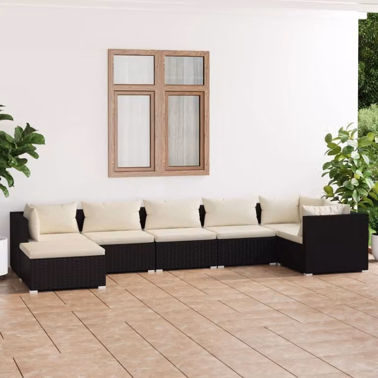The Living Store Set da giardino 7 pezzi con cuscini in poly rattan nero