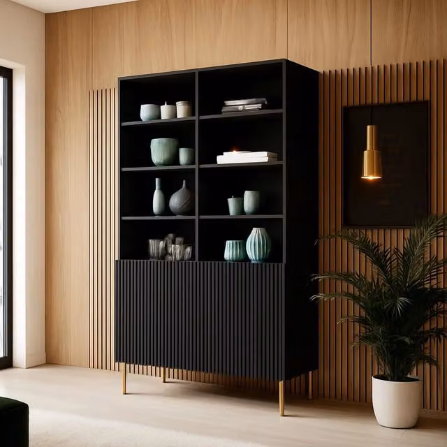 Libreria Estarreja, Mobile portalibri con vani aperti e due ante, Rialzato da terra, 100x42 h177 cm, Nero