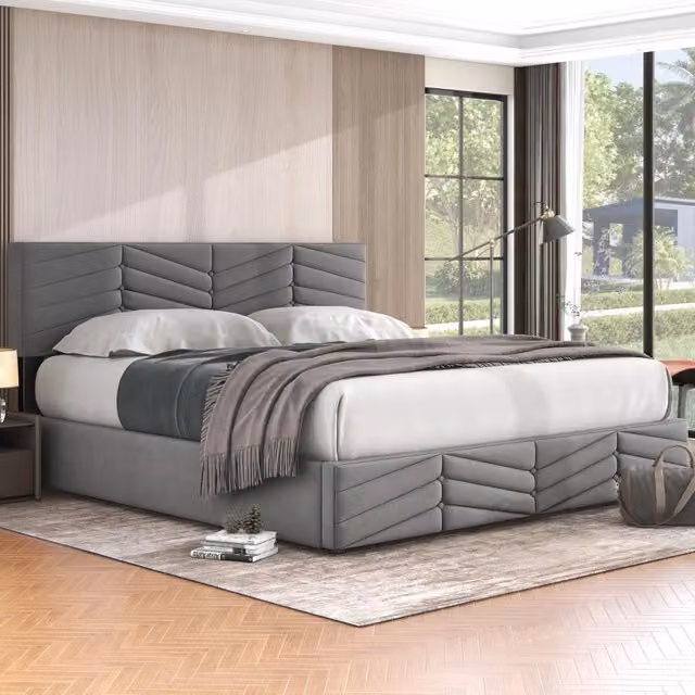 Letto matrimoniale contenitore 180 × 200 cm in velluto grigio con rete a doghe e testiera regolabile
