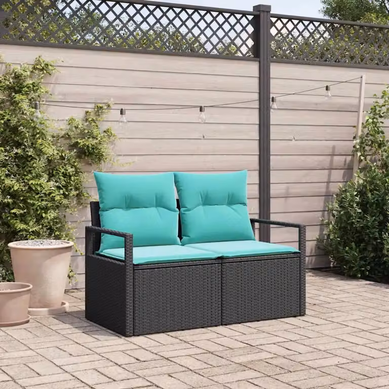 vidaXL Divano da giardino moderno in polyrattan con cuscini, nero e turchese, L: 120 cm, P: 62 cm, H: 69 cm