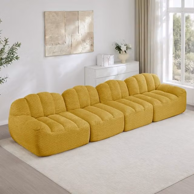 Divano Modulare 4 Posti ¨C MINIMAL ¨C Tessuto Morbido Giallo, Seduta Profonda
