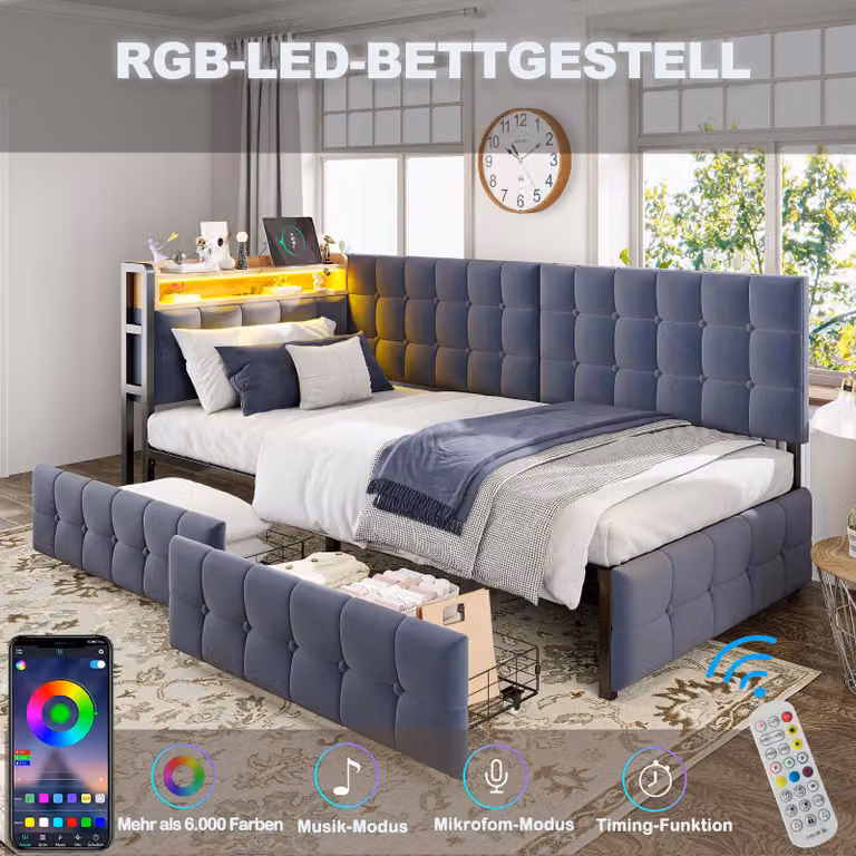 okwish Divano letto 90x200 Divano imbottito con funzione letto, Letto per bambini con 2 cassetti, lampada da lettura a LED, porta USB e Type-C, grigio scuro