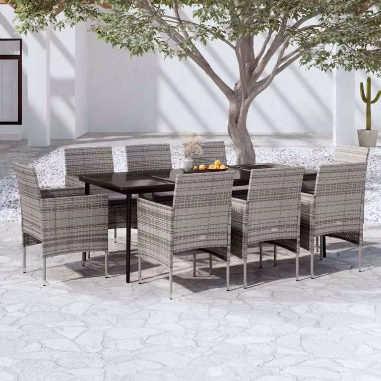 Set da pranzo per giardino vidaXL in rattan con tavolo in vetro e 9 pezzi, grigio e nero