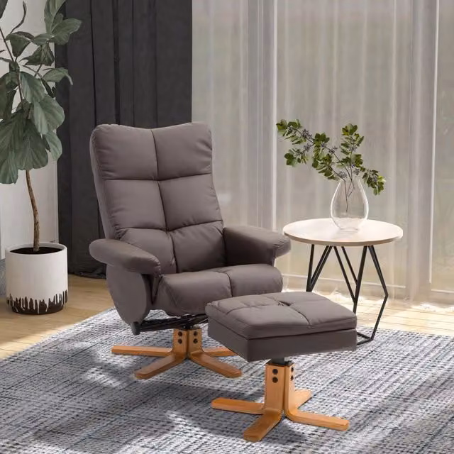 Poltrona relax girevole WISHDOR con poggiapiedi e vano contenitore, schienale reclinabile, struttura in legno, marrone