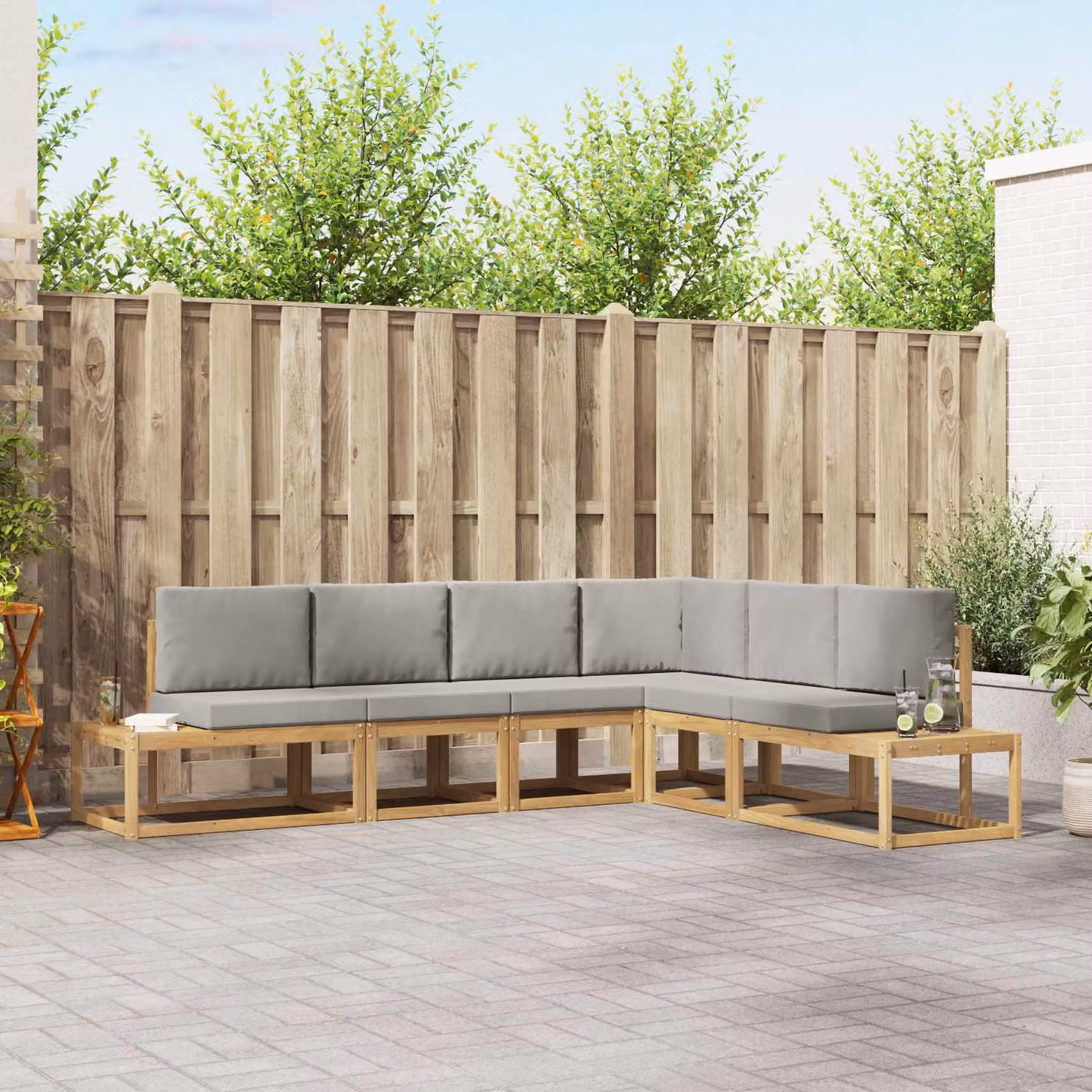 Set di divani da esterno ad angolo vidaXL in legno di acacia con cuscini inclusi, disponibile in marrone o grigio