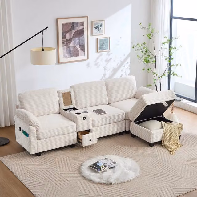 Divano 3 posti con poggiapiedi e cassetti ¨C Minimal ¨C tessuto cord grigio, con porta bevande e USB
