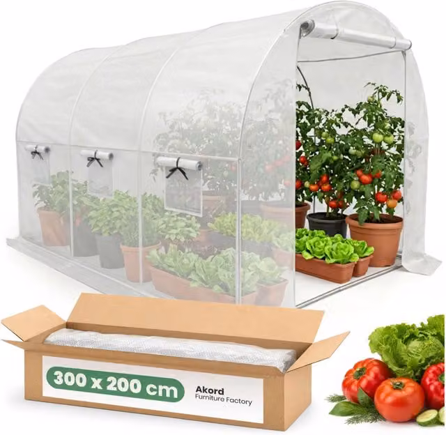 Serra da giardino a tunnel AKORD Furniture Factory in metallo galvanizzato e telo in plastica, 1 porta e 6 finestre, Bianco, L: 300 cm, P: 200 cm, H: 200 cm – 1
