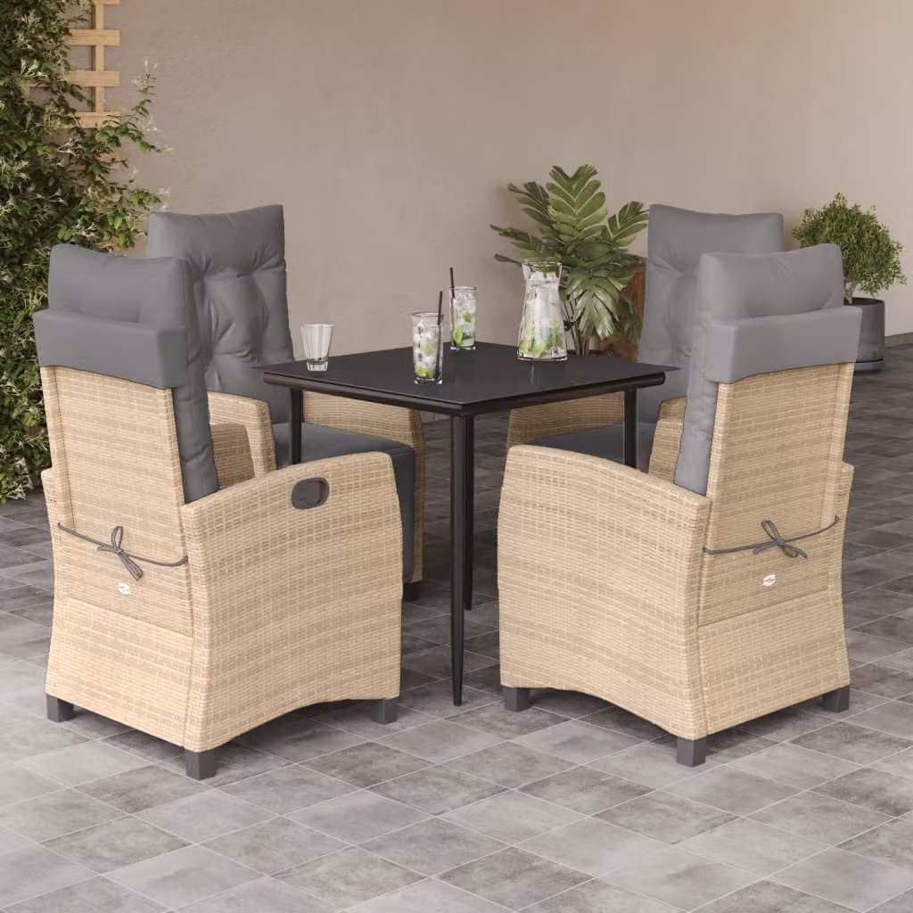 Set Pranzo da Giardino vidaXL in Polyrattan con Cuscini e Tavolo in Vetro, 5 Pezzi, Colore Misto Beige, Nero e Grigio