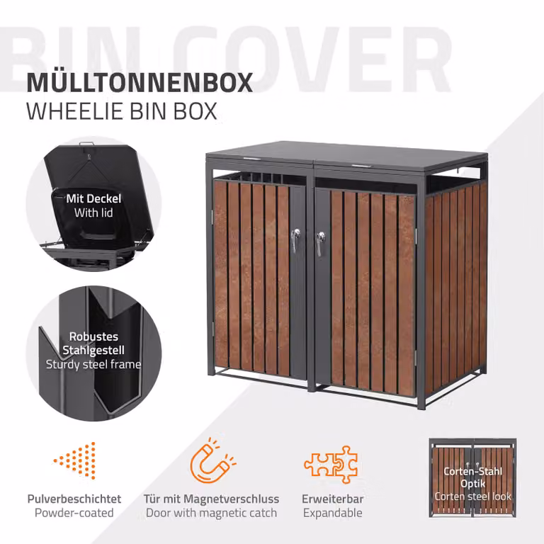 Contenitore per bidoni della spazzatura ML-Design, modello per 2 bidoni, capacità 240 litri ciascuno, dimensioni 132x80x120 cm, finitura effetto ruggine antracite, acciaio, resistente agli agenti atmosferici, copertura per bidoni della spazzatura con serr