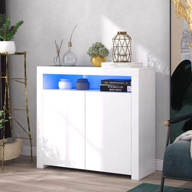 Credenza Sideboard Bianca con LED ¨C Xylo ¨C Legno Lucido, Mobile Soggiorno con Cassetti