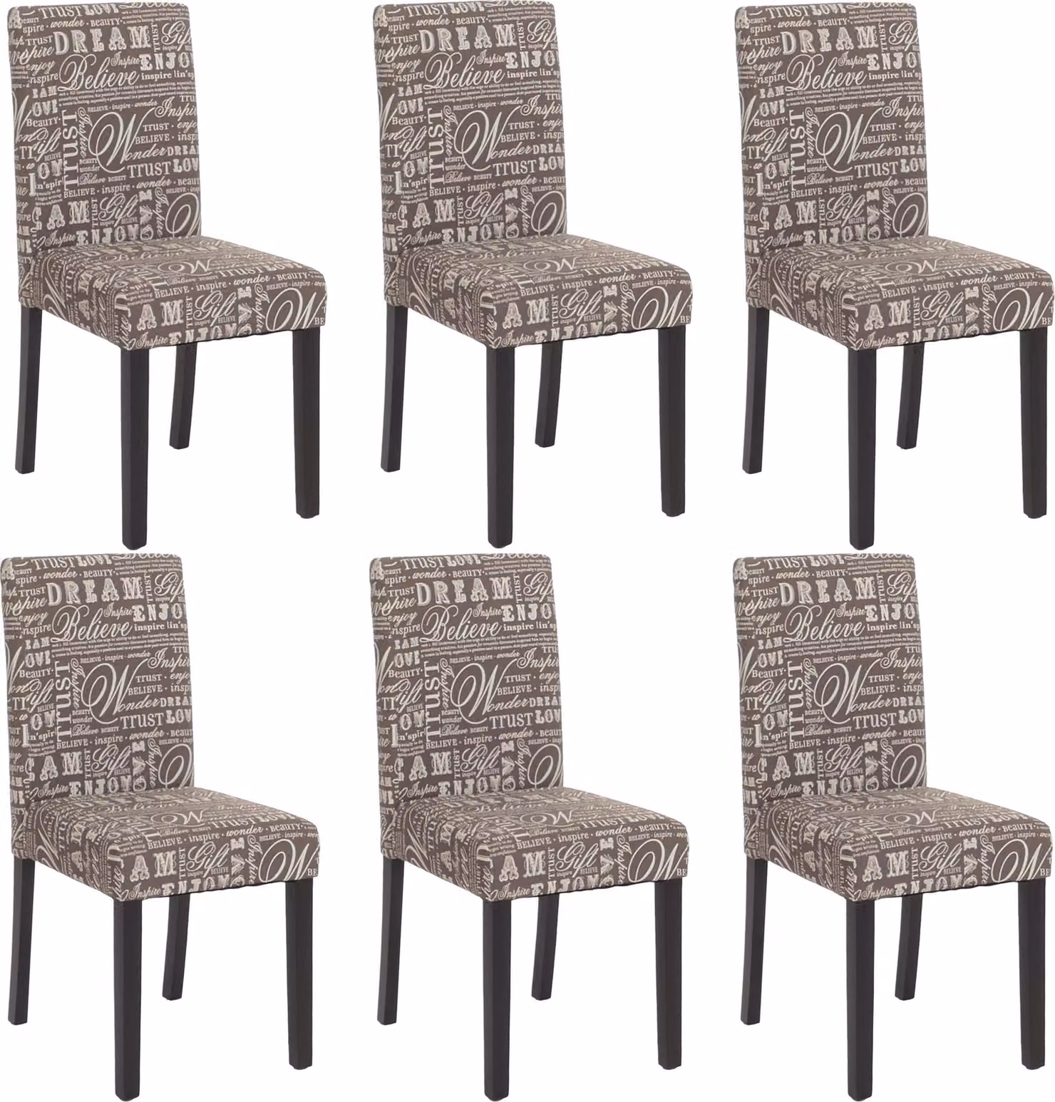 Set di 6 sedie da sala da pranzo Sedie da cucina classiche e intramontabili | A x L x P 90 x 43 x 48 cm | Altezza seduta 45 cm | Tessuto con scritta | Gambe scure | Grigio