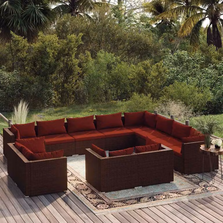 Set di divani da giardino vidaXL 12 pezzi a forma di U in rattan marrone con cuscini imbottiti e coperture rimovibili
