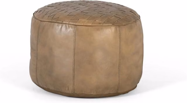 Pouf rotondo rivestito in pelle beige naturale