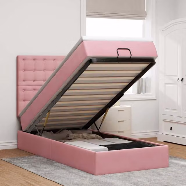 Letto con contenitore a sollevamento vidaXL in velluto rosa e bianco L 200 x P 80 x H 128 cm – 1